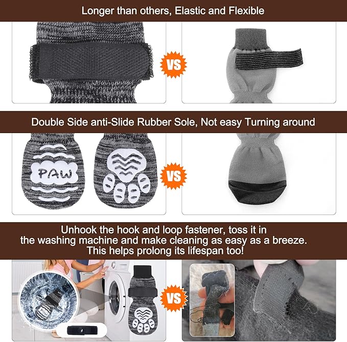 BEAUTYZOO Anti Slip Dog Socks for Small Medium Large Dogs,Paw Protector with Grips for Hardwood Floor Hot/Cold Pavement,Traction Control 3 Pairs AntiTwist Dog Shoes to Prevent Licking for Senior Dog