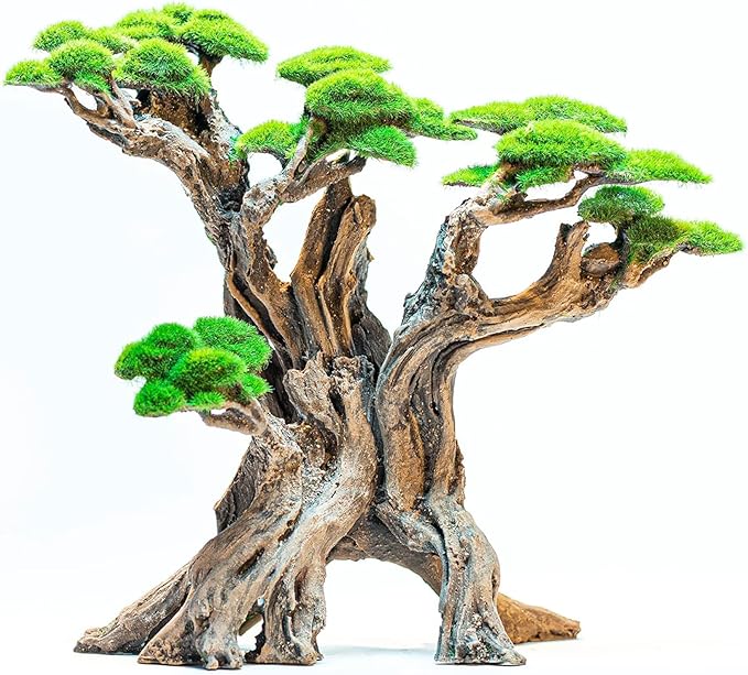 Fish Tank Decor- Bonsai Tree of The Forest with Faux Moss- Aquarium Decoration Aquascaping- Made of Sandstone, 8.8 x 4.3 x 7.8 inches