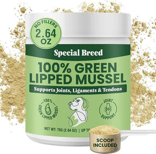 Green Lipped Mussel Powder for Dogs & Cats - 100% New Zealand Green Lipped Mussels - Natural Hip & Joint Supplement for Joints, Tendons, Ligaments, Muscles - 75 Grams - Up to 250 Servings