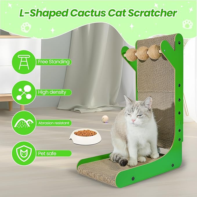 Cat Scratcher, 23.6 Inch Cat Scratching Post, L Shaped Vertical cat Scratching Board for Wall and Couch Protection, Cardboard Cat Scratcher with Ball Toy for Indoor Cats
