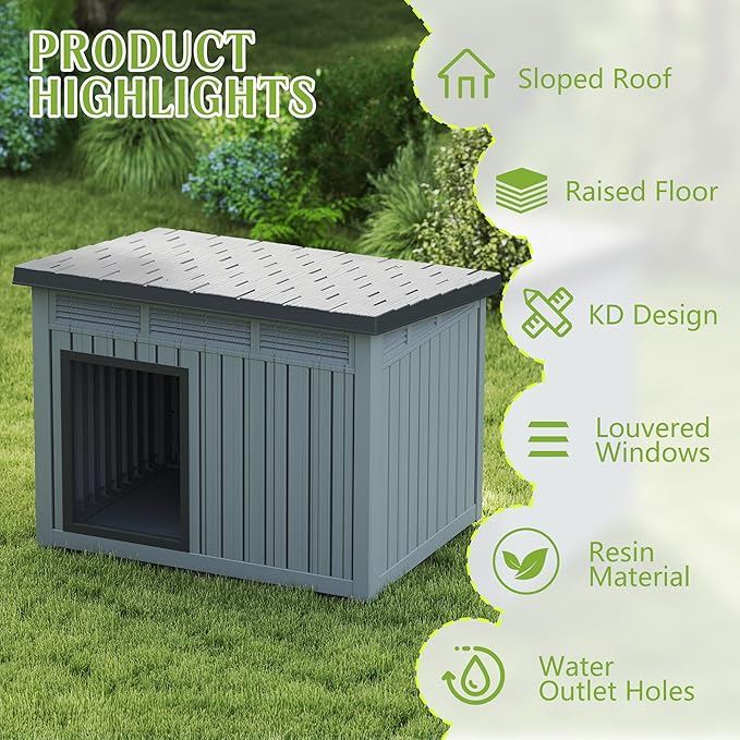 Dog House Indoor Outdoor,Resin Waterproof Puppy Shelter with Air Vents and Elevated Floor,Air Rod on Top to Open,Dog Kennel for Small to Large Dogs(Grey,42.87 * 32.95 * 31.61)