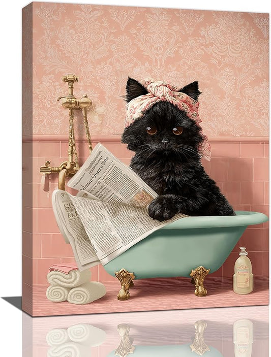 Cat Bathroom Wall Decor Black Cat Reading Newspaper in Bathtub Canvas Wall Art Funny Bathroom Pictures Kitten Painting Print Pink Artwork Framed Decorations Gifts 12"x16"