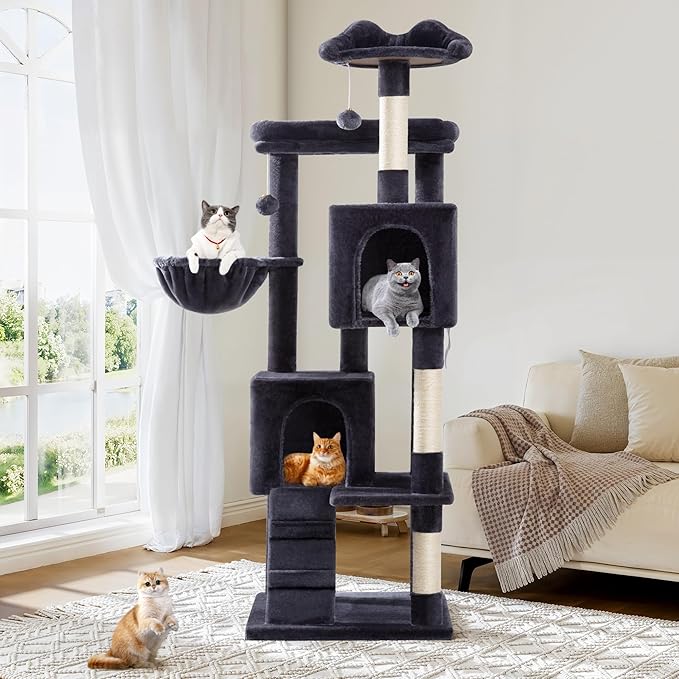 Allewie 64 Inches Cat Tree Tower/Multi-Level Activity Center for Indoor Big Felines/2 Plush Condos/2 Perchs/Basket/House/Sisal Scratching Posts/Hanging Cat Toys/Dark Grey