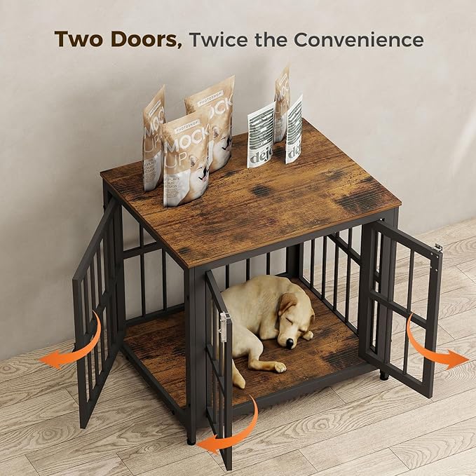 26 Inch Heavy Duty Wooden Dog Kennel End Table with Double Door Design and Secure Locks, Indoor Pet Crate Furniture for Small Dogs, Decorative Home Cage Design,Aged Black