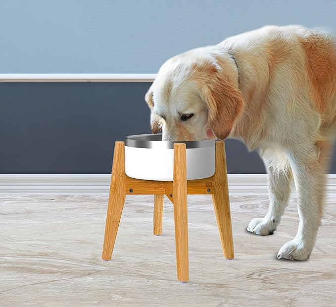 Dog Bowl Stand (14-inch High) - Ideal for Large Breeds, Use to Elevate, Raise Pet Dishes, Water Fountains and Slow Feeders - Adjustable Sideways, Bamboo - (Bowls not Included)