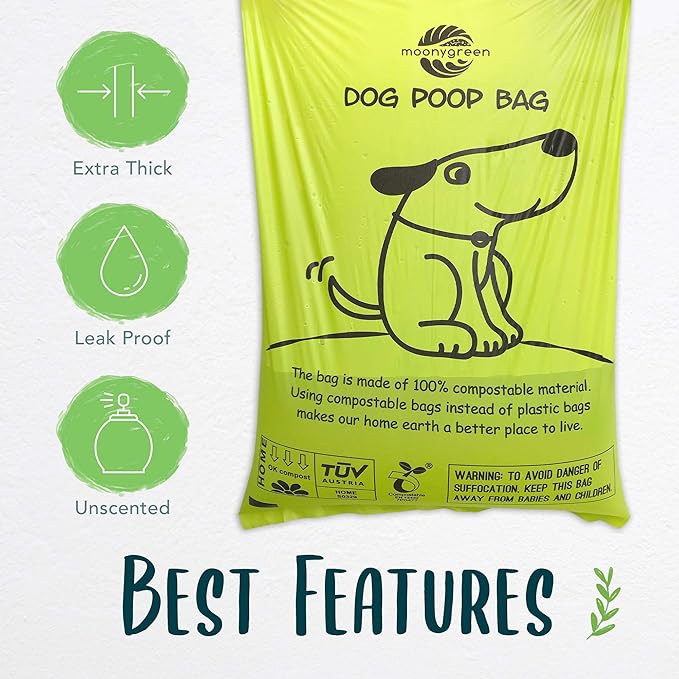 Certified Compostable Dog Poop Bag Rolls, Landfill friendly Doggie Poop Bags, Vegetable-Based, ASTM D6400, Unscented, Extra Thick, Leak Proof, Size 9 x 13 Inches, Refills 240 Counts