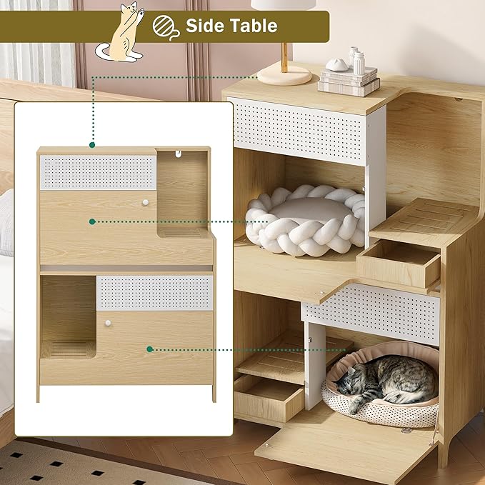 Cat Litter Box Enclosure Furniture Hidden Indoor 2-in-1 Wooden Cat House & Washroom Cabinet with Drawer for 2 Cats, 31.4"x15.7"x44.8"H