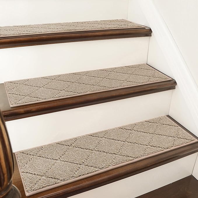 COSY HOMEER Edging Stair Treads Non-Slip Carpet Mat 28inX9in Indoor Stair Runners for Wooden Steps, Edging Stair Rugs for Kids and Dogs, 100% Polyester TPE Backing (7pc, Beige)