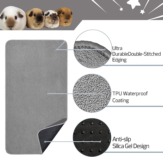 Guinea Pig Cage Liner, 2 Pack - Washable, Reusable, Leakproof Fleece Bedding Pads for Small Animals with Anti-Slip Bottom - for C&C 2X4 Area, Gray
