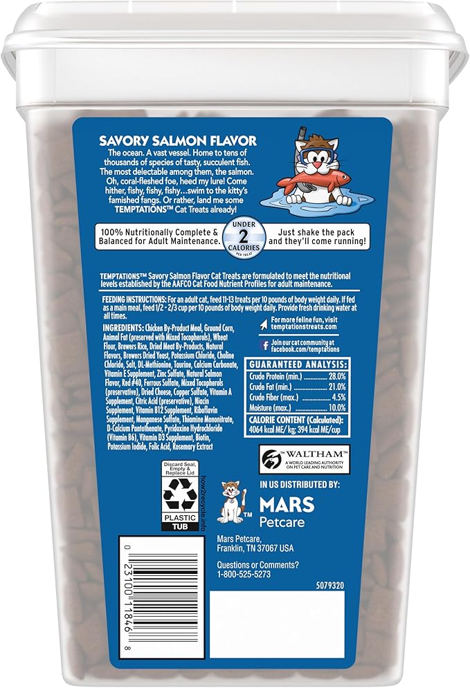 Temptations Classic Crunchy and Soft Cat Treats, Savory Salmon Flavor, 30 oz. Tub