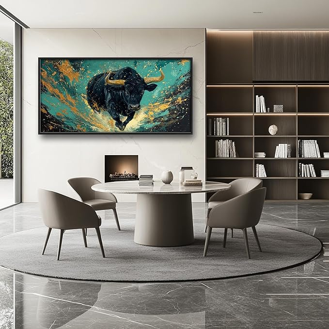Large Bison Buffalo Wall Art for Living Room, Framed Oversized Bull Wall Decor, Abstract Teal and Golden Canvas Painting Modern Artwork for Living Room Bedroom Office Dining Room 60"x30"