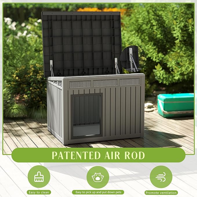 Dog House Indoor Outdoor,Resin Waterproof Puppy Shelter with Air Vents and Elevated Floor,Air Rod on Top to Open,Dog Kennel for Small to Large Dogs(Grey,42.87 * 32.95 * 31.61)