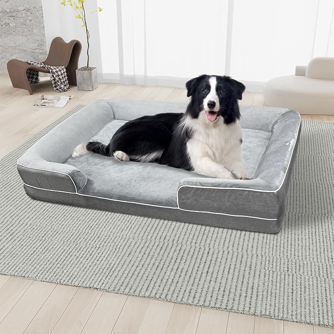 Dog Beds for Large Sized Dogs,Washable Orthopedic Memory Foam Dog Couch Sofa Bed with Bolster,Removable Cover,42x30Inch,Grey