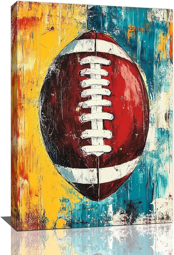 Graffiti Football Bathroom Pictures Wall Art, Rugby Sport Bathroom Wall Decor, Colorful Football Framed Painting Canvas Artwork for Bedroom Living Room Decorations 24"L x 16"W