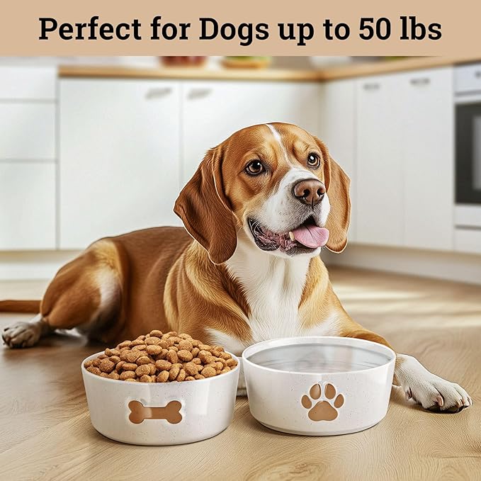 Ceramic Dog Bowl Set of 2 with Anti-Skid Base - 6.5" Wide x 2.5" Tall Ceramic Dog Bowls Medium Sized Dogs - 3.8 Cup Capacity Food and Water Bowls for Dogs - Rubber Bottom Pet Bowl Set of 2 Medium Size