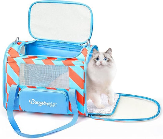 BurgeonNest Cat Carrier, Dog Cat Carriers for Large Medium Cats Under 20 lbs, Soft Sided Pet Carrier, Collapsible Travel Carry Puppy Kitten Cat Carrier with Big Side Bag (Medium, Blue-Orange)
