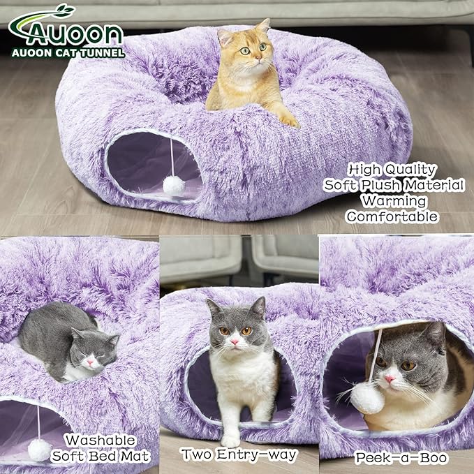 AUOON Cat Tunnel Bed for Indoor Cats - Circle Peekaboo Cat Cave with Washable Mat for Indoor Cats Kitten Kitty Puppy Rabbit Ferret (Purple)