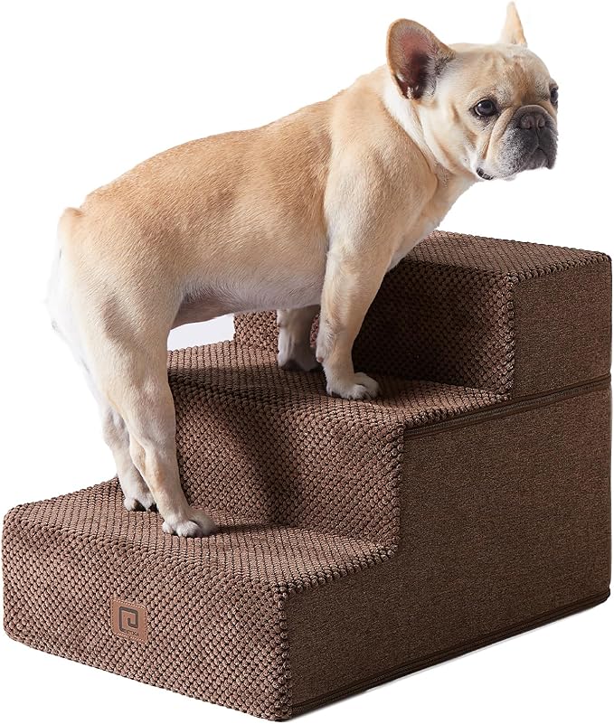 EHEYCIGA Dog Stairs for Small Dogs 13.5" H, 3-Step Dog Steps for Couch Sofa and Chair, Pet Steps for Medium Cats, Non-Slip Balanced Pet Ramp Indoor, Brown