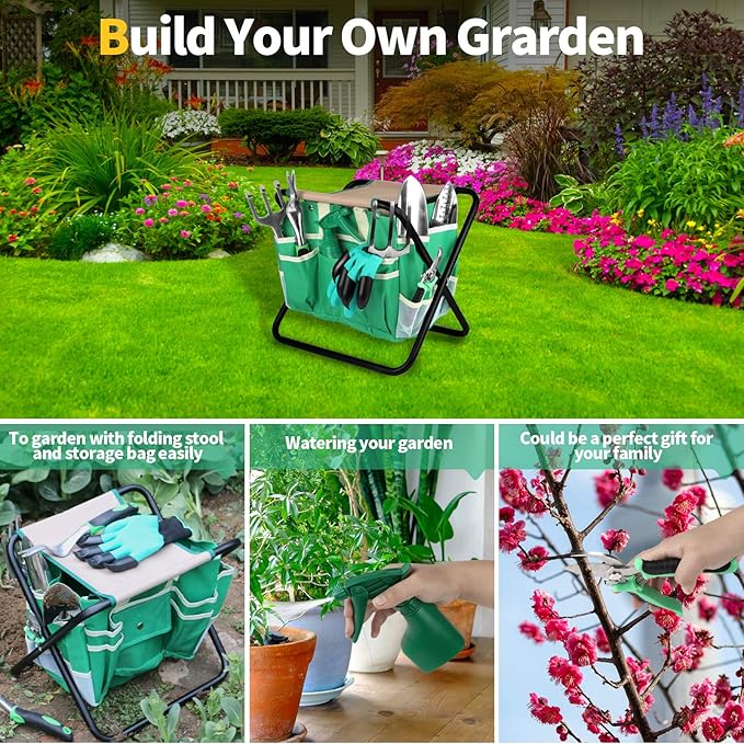Kitness 9 PCS All-in-one Garden Tools Set Heavy Duty Cast-Aluminium Alloy Gardening Tools Kit with Folding Stool Seat&Detachable Canvas Tool Bag Great Gifts for Gardening