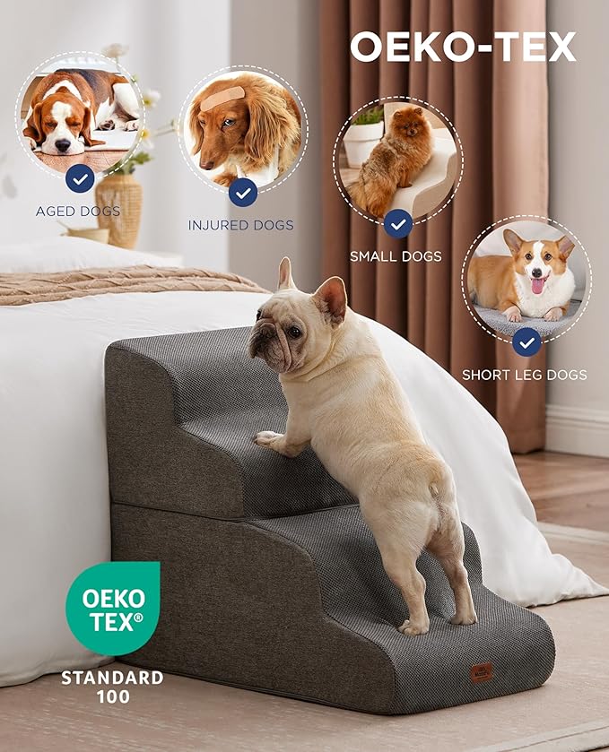 Beige Curved Dog Stairs Ramp for High Beds 28.7" H, 5-Step Dog Steps for Small Dogs and Cats, Pet Stairs for High Bed Climbing, Non-Slip Balanced Pet Step