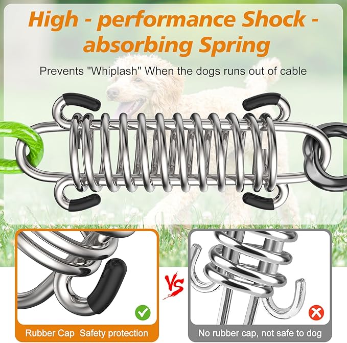 Tresbro 25 FT Dog Tie Out Cable with Spring, Shock Absorbing Tether Chains for Outside Aavilable in 10/15/20/25/30/40/50/70/100/120 FT, Heavy Duty Leads for Yard for Medium & Large Dogs Up to 500 LBS