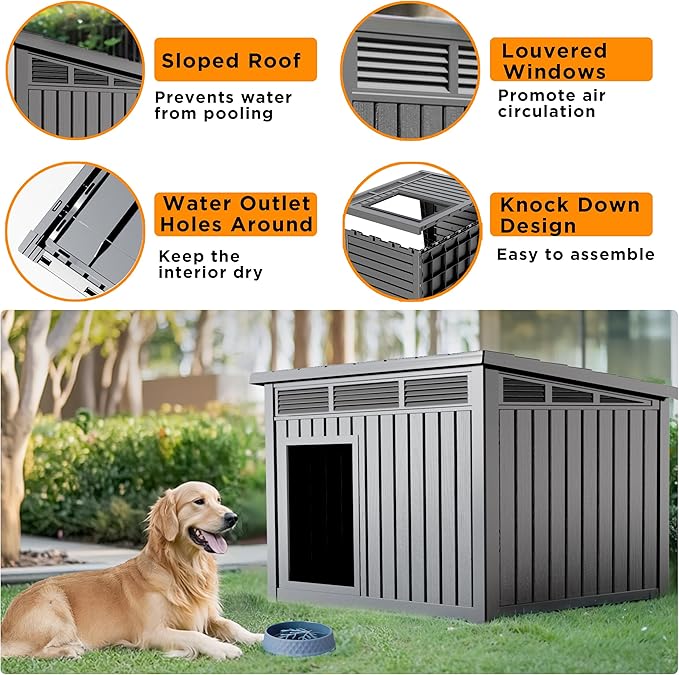 Dog House Indoor Outdoor,Resin Waterproof Puppy Shelter with Air Vents and Elevated Floor,Air Rod on Top to Open,Dog Kennel for Small to Medium Dogs(Grey,32.2 * 25.12 * 24.13)