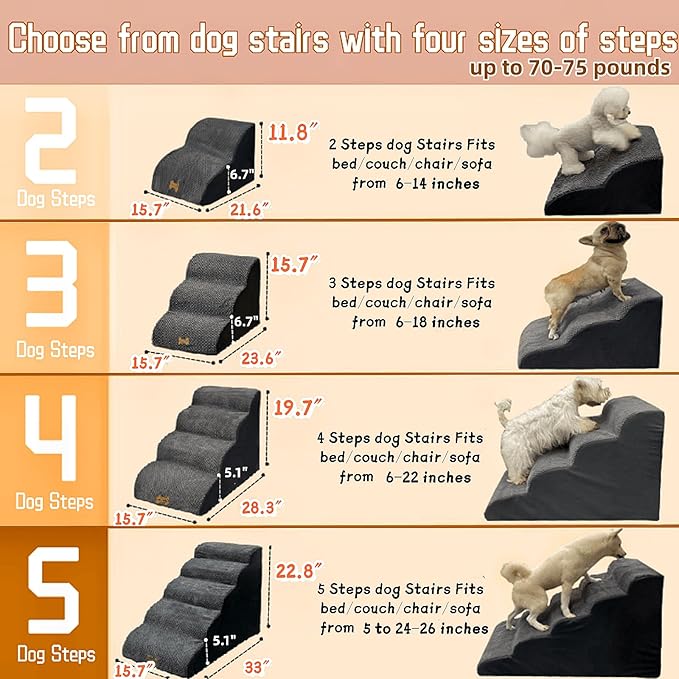 4-Step Dog Stairs for High Beds 18-24 Inch Pet Steps 2 3 4 5 Tier Ladder Non-Slip Sturdy Ramp Small Medium Large Dog Steps to Couch Bed Old Dogs Balanced Pet Stairs for Getting on Bed