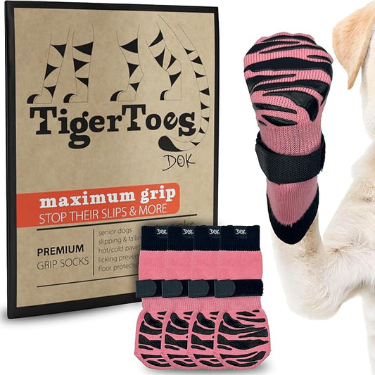 DOK TigerToes Premium Non-Slip Dog Socks for Hardwood Floors - Extra-Thick Grip That Works Even When Twisted - Prevents Licking, Slipping, and Great for Dog Paw Protection (Sassy Pink, Small)
