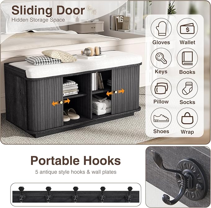 Dark Grey 39.4" W 2-Tier Shoe Bench with Storage | Entryway Bench with Padded Cushion, Sliding Doors & 5 Hooks