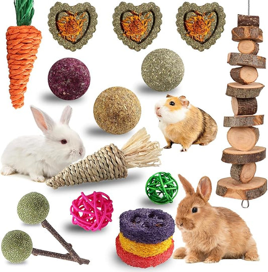 Grddaef 18 PCS Bunny Toys, Rabbit Toys Guinea Pig Toy Natural Apple Wood Grass Timothy Sticks Chew and Treat for Guinea Pigs Hamster Chinchillas