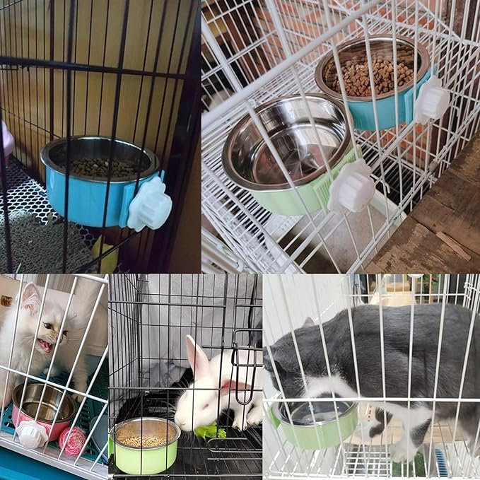 kathson Crate Dog Bowl, Removable Stainless Steel Hanging Pet Cage Bowl Food & Water Feeder Coop Cup for Cat, Puppy, Birds, Rats, Guinea Pigs 3pcs Large(Blue,Green,Pink)
