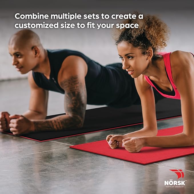 Norsk Reversible Gym Exercise Mats 3/4" Thick EVA Interlocking Foam Tiles, Perfect Home Gym Flooring, 36 Tiles & 72 Trim Pieces, 144 Sq. Ft. Reversible, Red/Black