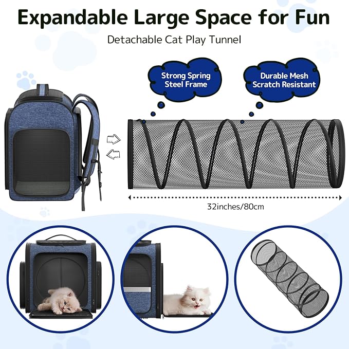 Pawtners Cat Carrier Backpacks Expandable Pet Backpack with Breathable Mesh, Pet Carrier Backpack for Cats Small Dogs Puppies Up to 18 Lbs, Dog Carrier Backpack for Travel Hiking Camping Outdoor Blue