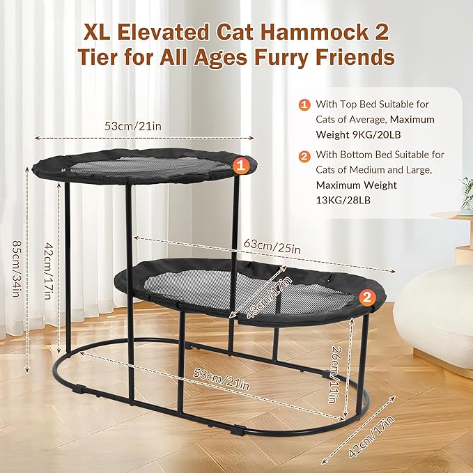 Defined Deco 2 Tier Elevated Cat Hammock Bed, Furniture Cat Bed Breathable Comfortable, Raised Cool Ca t Hammock for Indoor Cats, with Removable Mesh and Steel Frame for Summer