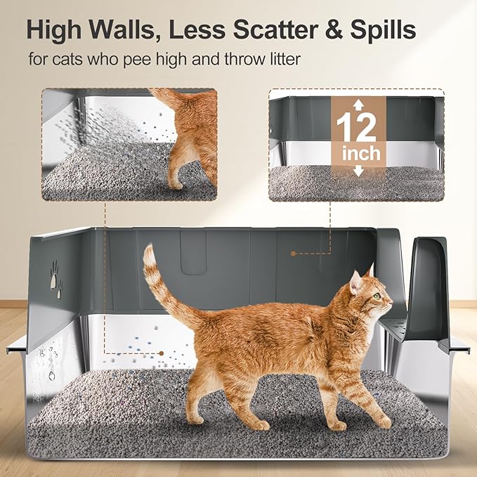 Sousia Stainless Steel Litter Box, Non-Sticky Anti-Leakage Easy Cleaning Metal Cat Litter Tray with Lid, High Wall Sides Enclosure and Scoop, Ideal for Big Cats, XL (Grey)
