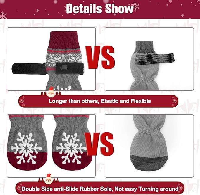 BEAUTYZOO Christmas Winter Anti-Slip Dog Socks with Grips Traction Control for Small Medium Large Dogs, Non Skid Indoor Double Side Pet Paw Protector for Hardwood Floor Wear, Snowflake M