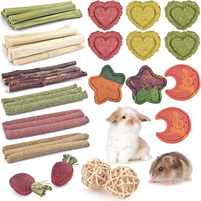 ERKOON 33PCS Bunny Chew Toys for Rabbits Teeth, Natural Rabbit Toys Apple Wood Sticks, Carrot, Timothy Grass Toys for Small Pets, Hamster, Chinchilla, Guinea Pig Dental Care and Treat Teething Toys