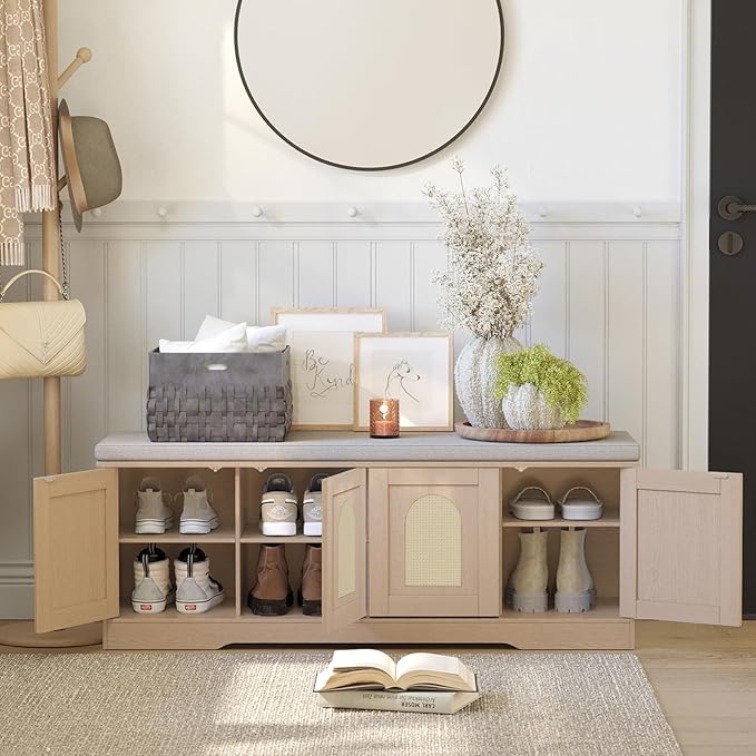 DINZI LVJ Shoe Bench, Entryway Storage Bench with Doors, Cushion, 2-Tier Shoe Rack with 8-Cubby, 47.2”L x 13.8”W Shoe Organizer Cabinet, Adjustable Shelf, Living Room, Bedroom, Natural with Rattan