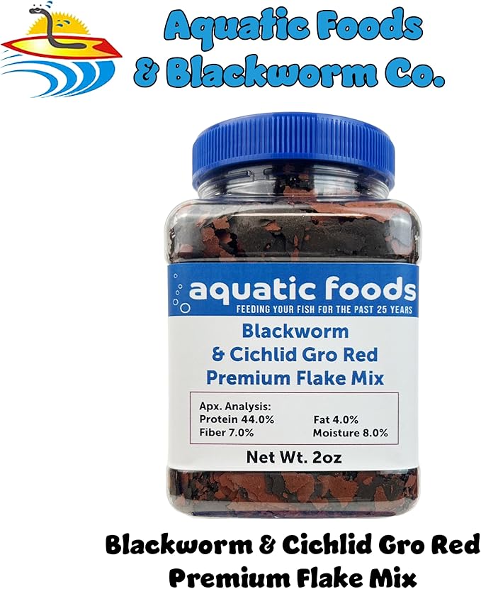 Aquatic Foods Inc. California Blackworm & Cichlid Color Red Premium Flakes for Discus, Cichlids All Community Tropical Fish Also Pellet Mix, Wafer Mix Included…2oz