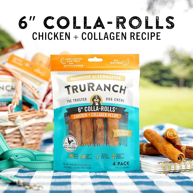 Collagen Rolls - 6" Collagen Rolls for Dogs - Long Lasting Healthy Joint Support - Rawhide Alternative - Skin & Coat Health - Made with Real Chicken, Value Pack, 15 Bags, 60 Count