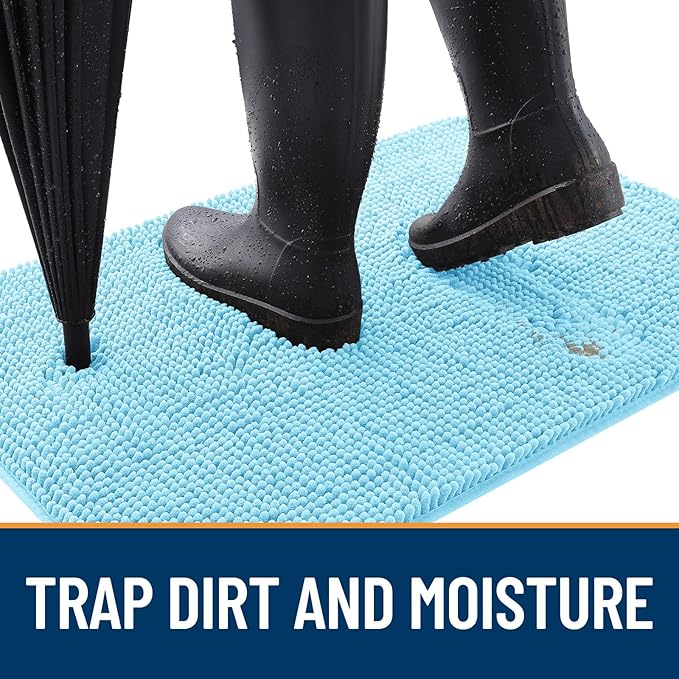 OLANLY Dog Door Mat for Muddy Paws 47x20, Absorbs Moisture and Dirt, Absorbent Non-Slip Washable Doormat, Quick Dry Chenille Mud Mat for Dogs, Entry Indoor Entryway Carpet for Inside Floor, Blue