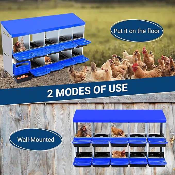 Chicken Nesting Boxes, 10 Hole Metal Chicken Laying Box with with Removable Trays and Roll Out Egg Collection for Chicken Coop, Blue