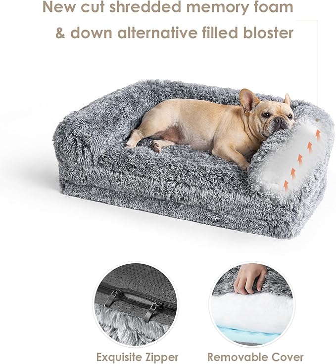 EHEYCIGA Foldable Dog Bed, Faux Fur Fluffy Dog Couch Bed, Orthopedic Calming Memory Foam Pet Bed for Small Dogs, Washable Soft Warm Pet Sofa Bed with Non-Slip Bottom, Grey, 40"x30"x6"