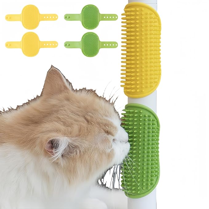4-Pack Silicone Cat Brush Set, Pet Scratcher and Massager – Adjustable Pet Deshedding Brush, Bath Brush for Cats and Dogs, Suitable for Furniture Legs & Corners (4PCS (2 Yellow + 2 Green))