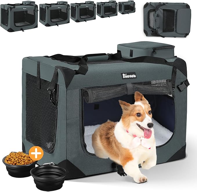 Extra Large Dog Crate with 2 Foldable Bowl, 40 Inch Collapsible Travel Dog Crate Kennel with Soft Blanket for Medium Dogs,Indoor & Outdoor (40" L x 27" W x 27" H, Grey)