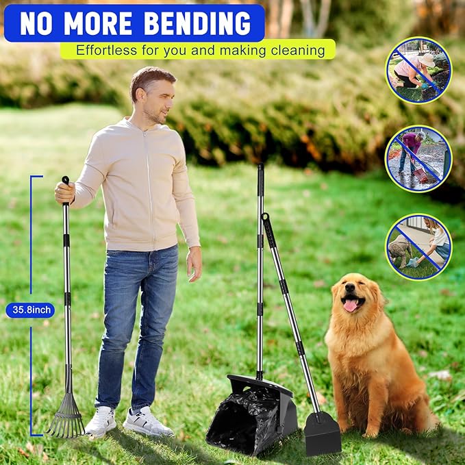 Dog Poop Scooper with 20 Bag Attachment Long Handle Swivel Bin, Rake & Spade Heavy Duty Easy to Clean Pooper Scooper for Large Medium Dogs Pet Waste Removal Solution for Yard, Grass, Gravel