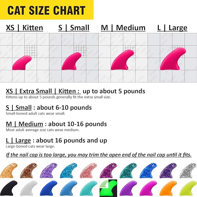 zetpo Cat Nail Caps | Cat Claw Covers | with Adhesives and Applicators (M, 20x Colors | 200 pcs)