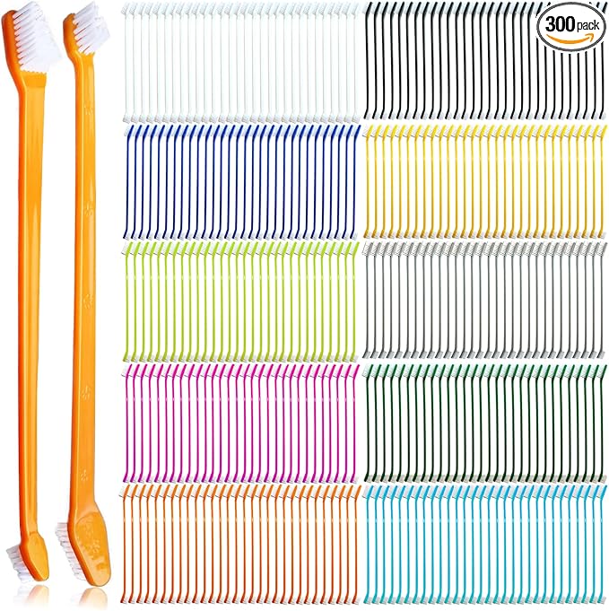 300 Pcs Dog Toothbrush Cat Tooth Brushes Bulk, Double Sided Brushing Kit, Teeth Cleaning Kit Soft Bristles Long Handle, Pet Tooth Brush for Small to Large Dog, Cat, Puppy & Kitten, 10 Colors