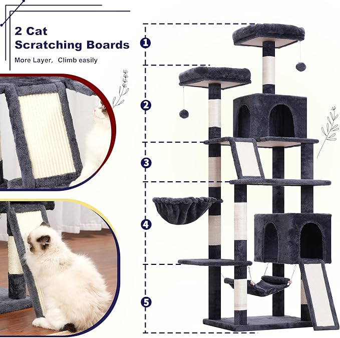 Cat Tree for Indoor Cats, 71'' (180cm) Multi-Level Cat Tower for Large Adult, Sturdy Cat Tree House with 2 Scratching Boards 7 Posts, 2 Plush Perches/Condos, Hammock, Smoky Gray GCT032G