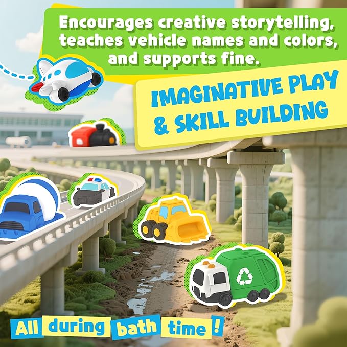 6 PCS Vehicle Floating Bath Toys Mold Free Infant Bath Tub Toys for 12 Months - No Hole Bathtub Toys for Toddlers 1-3 Water Pool Toys for Baby Toddler Ages 1+